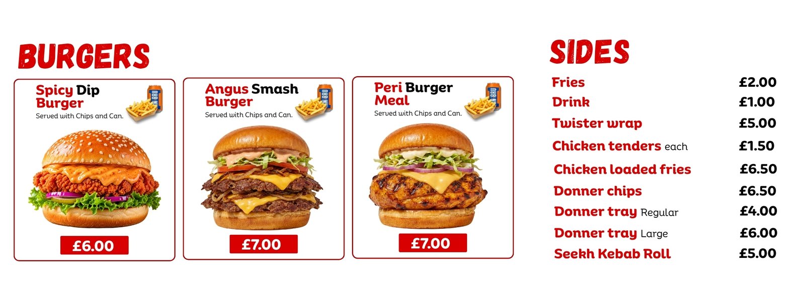 Burgers and Sides menu